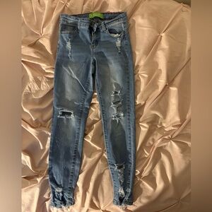 Trendy Distressed Skinny Jeans in Light Blue